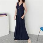 V-neck Sleeveless Wide-leg Jumpsuit Navy Blue - One Size