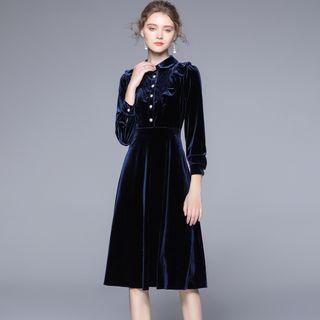 Long-sleeve Ruffled A-line Velvet Dress