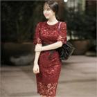 Bell-sleeve Lace Sheath Dress