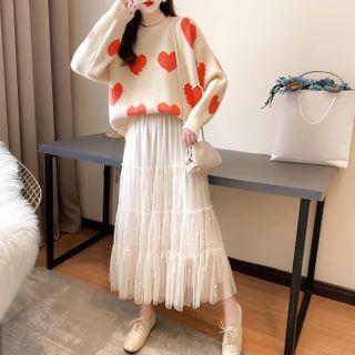 Set: Long-sleeve Heart Printed Knit Sweater + High-waist Plain Layered Long Skirt