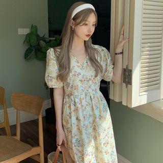 Short-sleeve Floral Print Midi A-line Dress Pink & Blue Floral - White - One Size