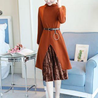 Inset Long-sleeve Knit Long Top Pleated Skirt