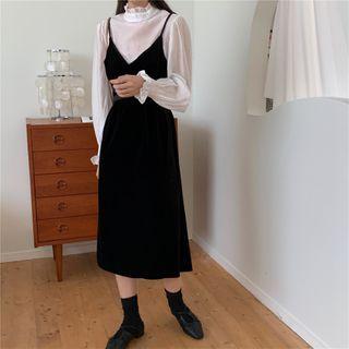 Set: Stand Collar Chiffon Top + Spaghetti Strap Midi A-line Dress