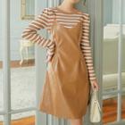 Striped Long-sleeve Knit Top / Faux Leather Pinafore Dress