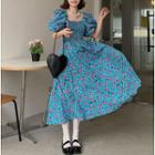 Puff-sleeve Square-neck Floral Smock Dress