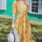 Wrap-neck Tie-waist Floral Chiffon Midi Dress