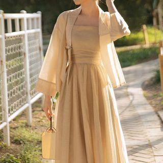 Set: Spaghetti-strap Plain Midi A-line Dress + Light Jacket