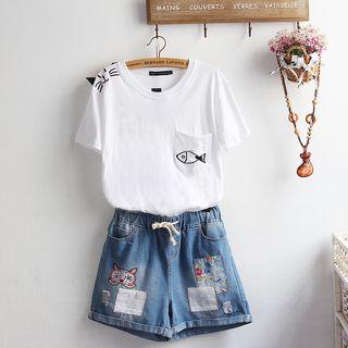 Set: Embroidered Short-sleeve T-shirt + Applique Denim Shorts