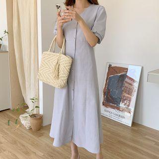 Short-sleeve Single Breasted Tie Waist Dress