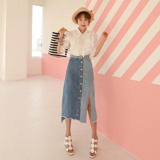 Button-detail Color-block Denim Skirt