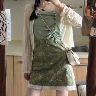 Shirred Camisole Top / Cardigan / Floral Print A-line Skirt