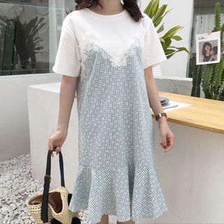 Mock Two-piece Lace Trim Short-sleeve Dress