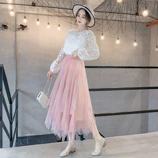 Long-sleeve Ruffled Lace Blouse / Mini Tiered Skirt / Midi Mesh Skirt