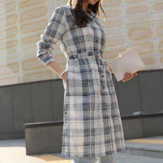 Drawstring-waist Checked Linen Blend Long Shirt