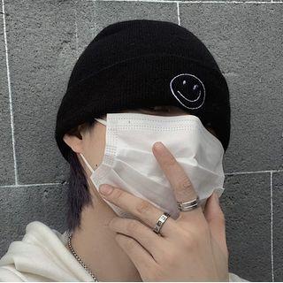 Smiley Face Embroidered Knit Beanie Black - One Size