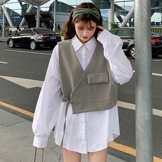 Long-sleeve Plain Shirt / Buckled Vest