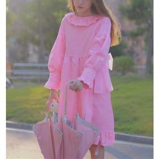 Lantern Long-sleeve Plain Embroidered A-line Dress