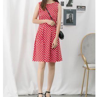 Dotted Sleeveless A-line Dress Red - One Size