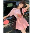 Cartoon-print Loose T-shirt / High-waist Mini Skirt