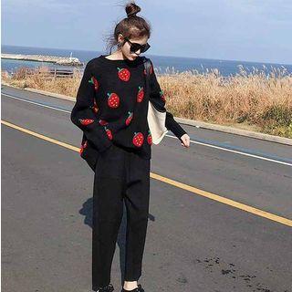 Set: Strawberry Print Sweater + Straight-cut Knit Pants