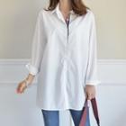 Contrast-placket Long Shirt White - One Size