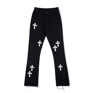 Cross Print Frayed Boot-cut Pants
