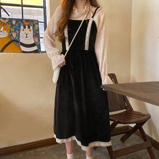Flared-cuff Shirred Blouse / Midi A-line Pinafore Dress