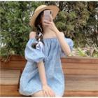 Puff-sleeve Off-shoulder Blouse Light Blue - One Size