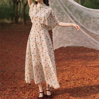 Set: Sleeveless Printed Midi A-line Dress + Cape