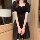 Square Neck A-line Ruched Plain Dress