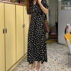 Flower Print Short-sleeve Midi Shift Dress Black - One Size