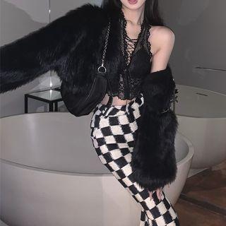 Fluffy Jacket / Sleeveless Lace Top / Pants