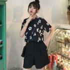 Flower Print Short-sleeve Shirt / High-waist Buttoned Shorts