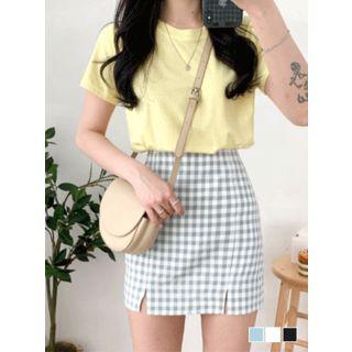 Slit-hem Gingham Miniskirt