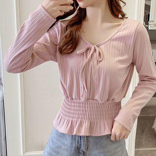 Long-sleeve Tie Neck Ruffled Blouse