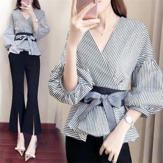Set: 3/4-sleeve Peplum Top + Slit Bootcut Pants