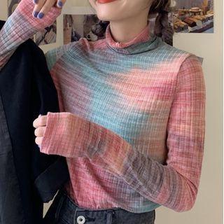 Long-sleeve Tie Dye Mock-neck Top Pink & Aqua Green - One Size