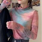 Long-sleeve Tie Dye Mock-neck Top Pink & Aqua Green - One Size