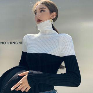 High-neck Long-sleeve Color Block Knit Sweater