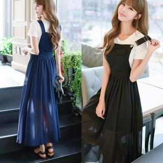 Set Of Two: Short Sleeve Plain T-shirt + Tie-waist Chiffon A-line Long Sheath Jumper Dress