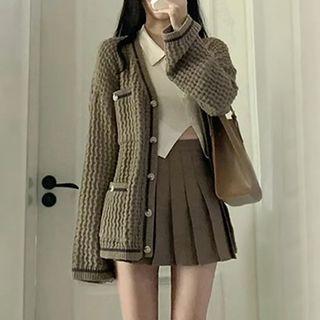 Long-sleeve Asymmetrical Button-up Crop Top / Cardigan / Mini Pleated Skirt