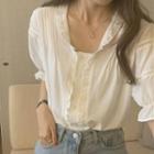 Puff Short-sleeve Flower Trim Lace Shirt White - One Size