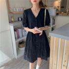 Short-sleeve V-neck Midi Dress Black - One Size