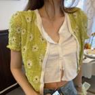 Flower Printed Mock Two-piece Short-sleeve Slim-fit Top Mustard Green - One Size