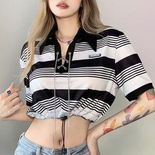 Elbow-sleeve Collar Striped Cropped T-shirt