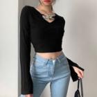 Chain Long-sleeve Cropped Knit Top