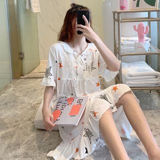 Star Print Short-sleeve Midi Sleep Dress