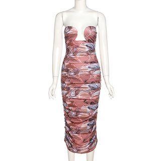 Strapless Floral Print Shirred Midi Bodycon Dress