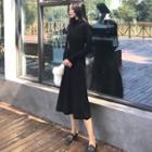 Mock-neck Long-sleeve Midi A-line Dress Black - One Size
