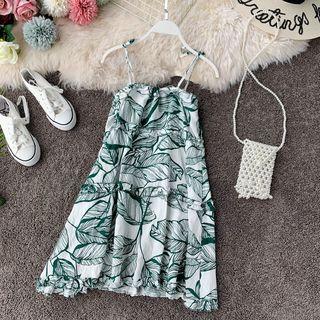 Leaf Print Spaghetti Strap Mini Dress Green Leaf - White - One Size
